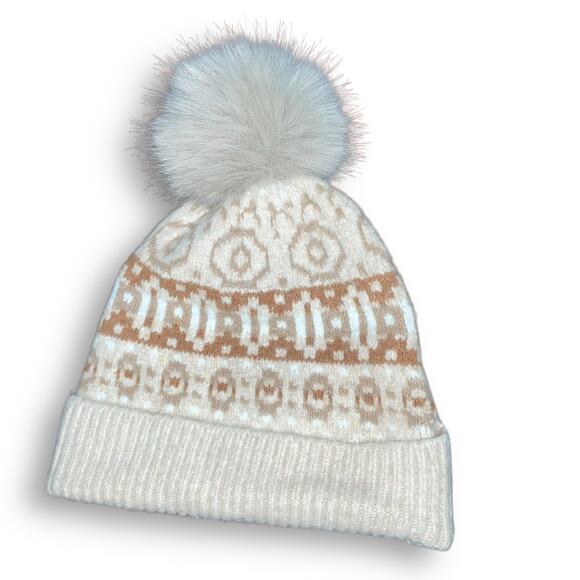 Cupcakes and Cashmere Accessories - Cupcakes & Cashmere Knit Beanie Cap Hat OS Faux Fur Pompom Cuff Fair Isle Brown